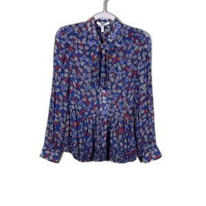 Derek Lam 10 Crosby Floral Top Peplum Tie Neck Sheer Tie Neck Azure Blue New 0